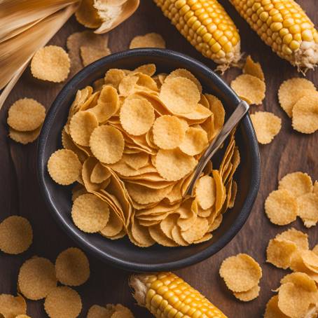 Corn Flakes in Bowl with Spoon on White Background, Isolated Breakfast Cereal, Crunchy and Fresh