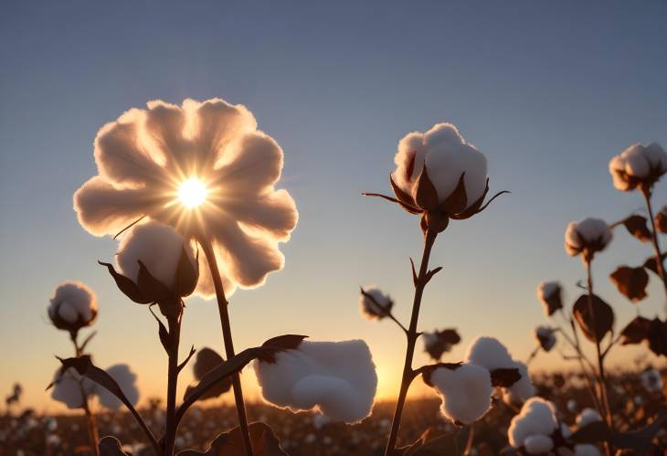 Cotton Plant with Setting Sun in the Distance