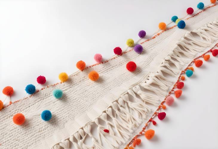 Cotton Pom Poms and Fringe on Woven Bedspread, Isolated on White Background