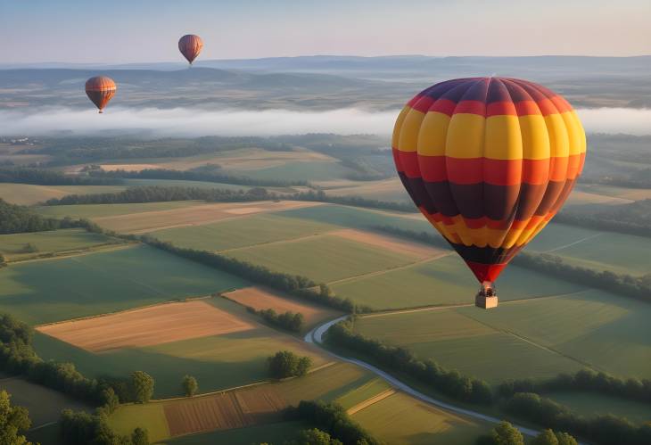 Country Landscape From Hot Air Balloon Aerial View of Rolling Hills and Green Fields