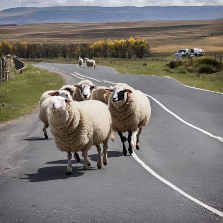 Country Road with Sheep Walking in the Distance