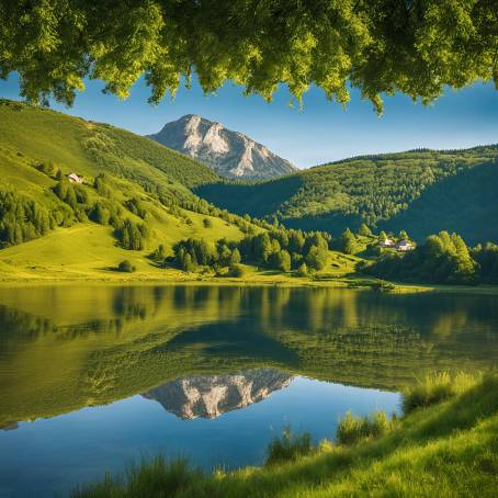 Countryside Tranquility in Bosnia and Herzegovina  Mount Lebrsnik with Grassy Fields and Lake