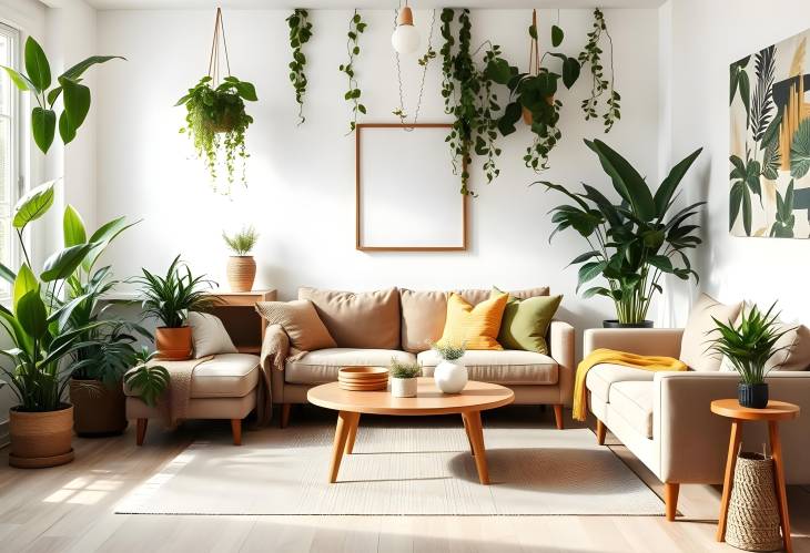 Cozy and bright living room with green houseplants and sofas, offering a peaceful, natural vibe