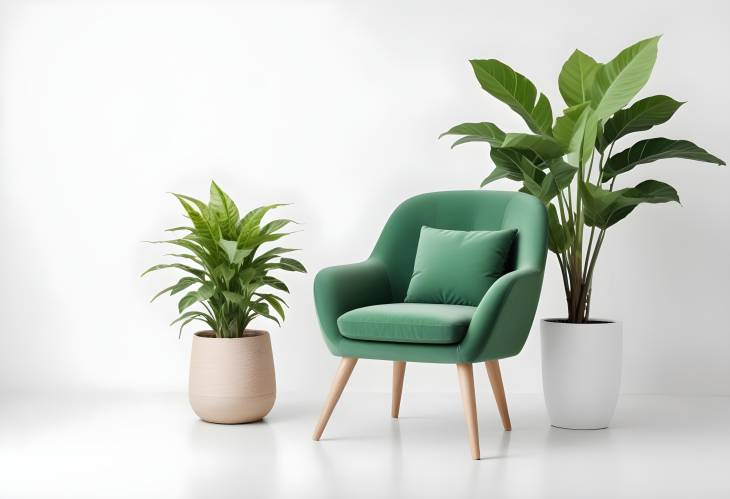 Cozy and Chic Green Armchair with Potted Plant Isolated on White Background