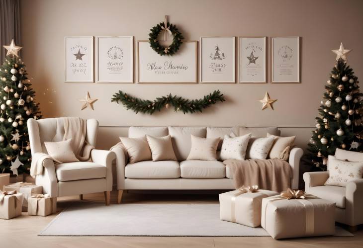 Cozy and Elegant Christmas Living Room with Beige Sofa, Mockup Frames, Wreath, and Gifts