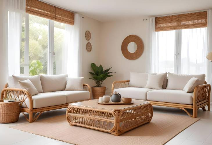 Cozy and Elegant Living Room with Sofas, Rattan Table, and Soft Carpet