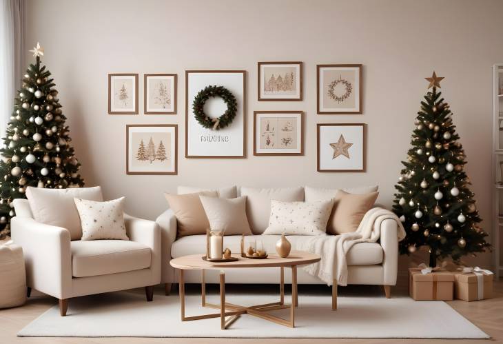 Cozy and Festive Christmas Living Room with Beige Sofa, Mockup Frames, Wreath, and Gifts