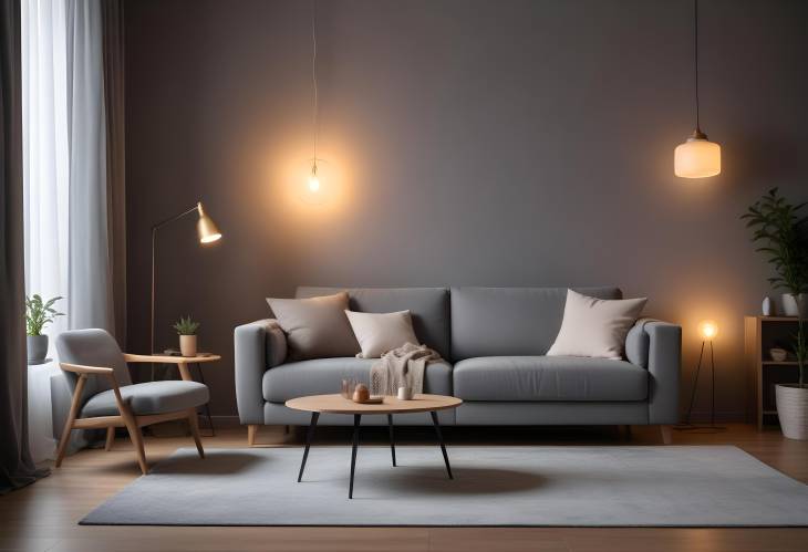 Cozy and modern living room with grey sofa, armchair, and glowing lamps, offering a warm, inviting