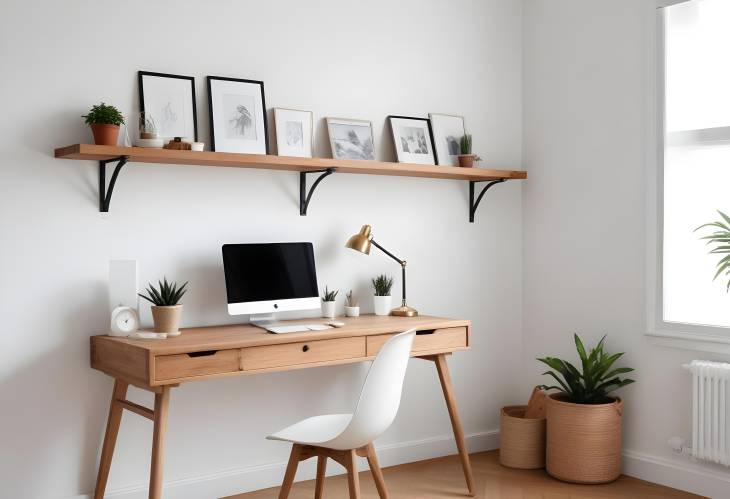 Cozy and Modern Office with Wooden Desk Near White Wall  Stylish Indoor Workspace Design