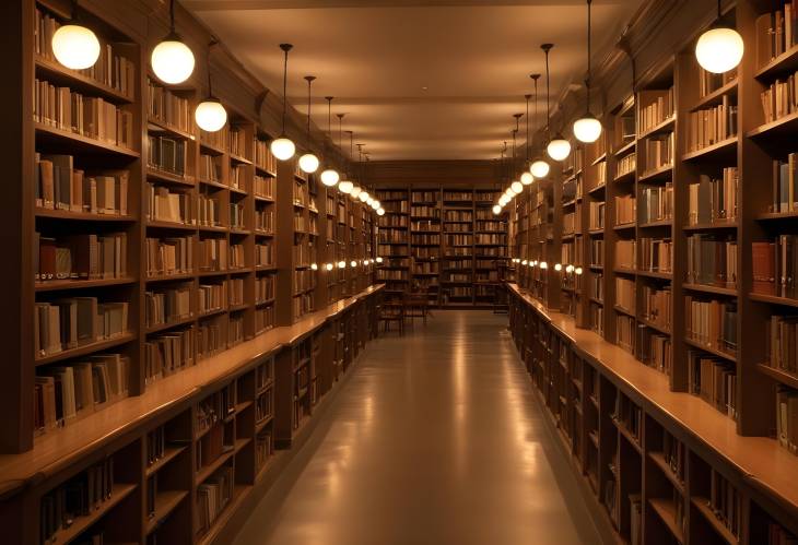 Cozy and Quiet Library with Soft Lighting, Bookshelves, and a Perfect Study Atmosphere