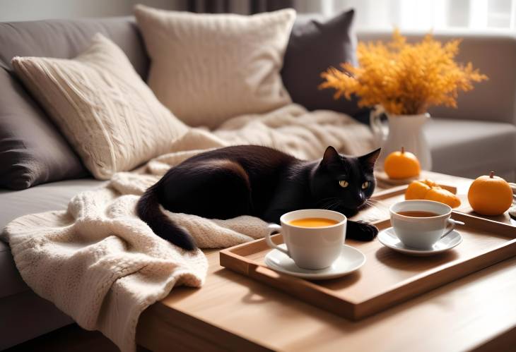 Cozy Autumn Living Room Black Cat on Sweater, Tea Cup on Tray, Breakfast by Sofa