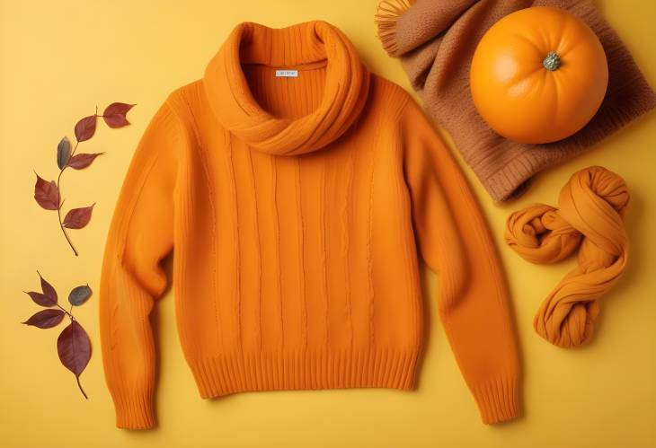 Cozy Autumnal Style Knitted Orange Sweater and Scarf on Yellow Background