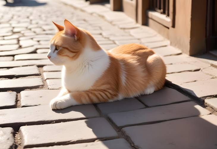 Cozy Cat in Old Town Street Sun Bath  Charming Vintage Scene