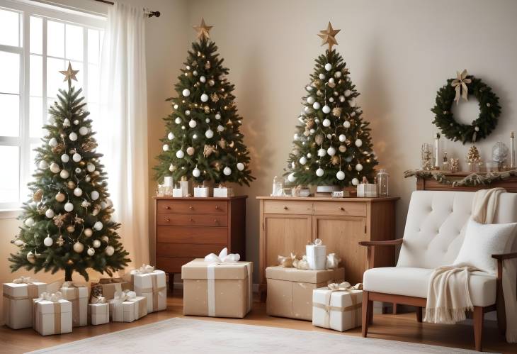 Cozy Christmas Living Room Featuring Artificial Tree with White Spheres and Stars, Gift Boxes