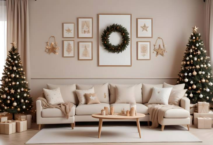 Cozy Christmas Living Room with Design Armchair, Beige Sofa, Mockup Frames, and Wreath