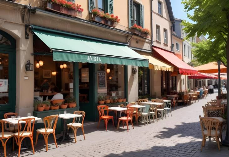 Cozy European Street Cafe with Colorful Awning and Relaxed Outdoor Seating