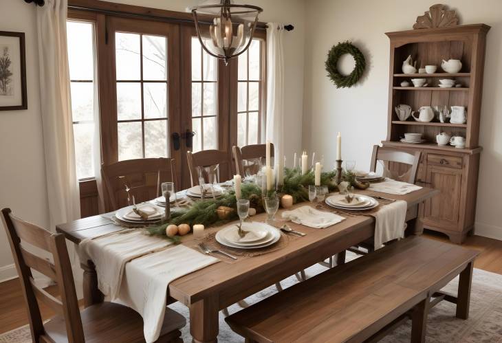 Cozy Farmhouse Table Set with Rustic Charm and Elegant Dinnerware for a Family Dinner Gathering