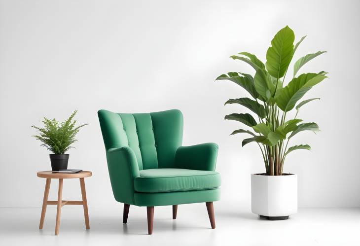 Cozy Green Armchair with Potted Plant Isolated on White for a Fresh Look