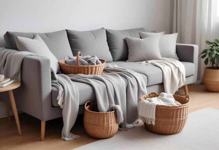 Cozy Grey Sofa with Soft Blanket in Basket in Light and Elegant Living Room