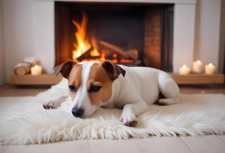 Cozy Jack Russell Terrier Napping by the Fireplace on a White Rug