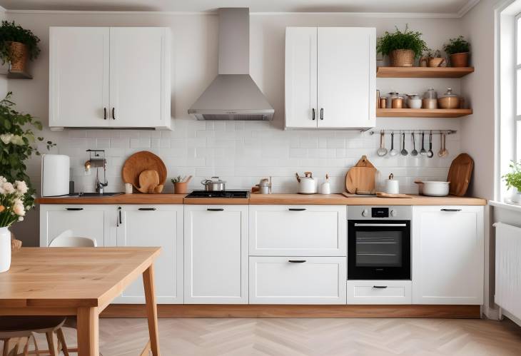 Cozy Kitchen with White Cabinets, Wooden Countertop, Vintage Fridge, and Stylish Accessories