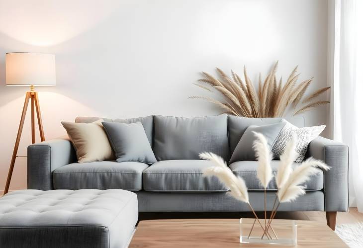 Cozy Living Room with Grey Sofa, Lamp, and Pampas Grass Dcor