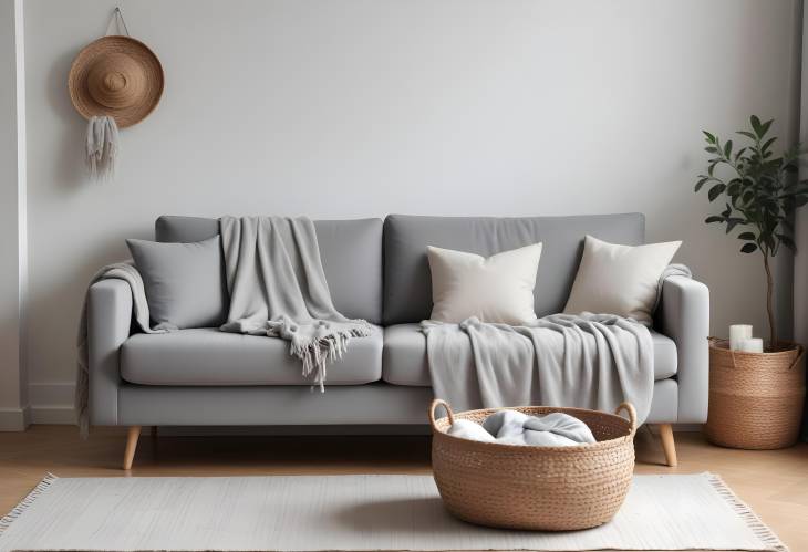 Cozy Living Room with Grey Sofa, Soft Blanket in Basket, and Light Interior Design