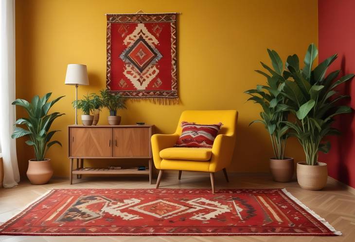 Cozy Living Room with Kilim Rug, Wooden Sideboard, and Red Armchair Elegant Home Setup