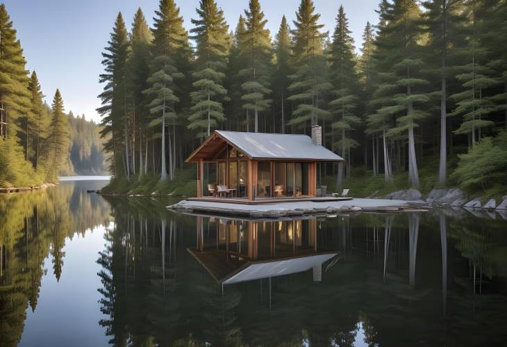 Cozy Log Cabin by a Snowy Lake with a Frosty Forest Backdrop and a Cloudy Winter Sky