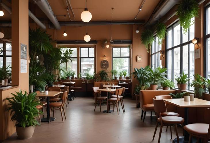 Cozy Modern Cafe with Indoor Plants  Stylish and Relaxing Environment