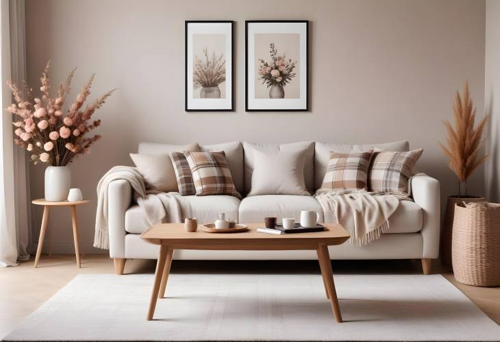 Cozy Modern Living Room Interior Stylish Sofa, Coffee Table, Dried Flowers, and MockUp Poster 