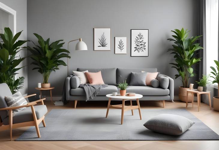 Cozy Modern Scandinavian Living Room Grey Sofa, Armchair, Plants, Coffee Table, and Soft Carpet