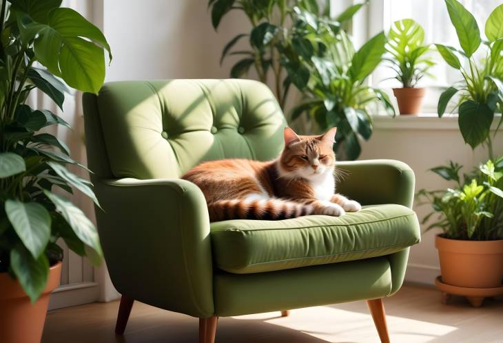 Cozy Multicolor Cat on Retro Armchair in Scandinavian Style Room with House Plants