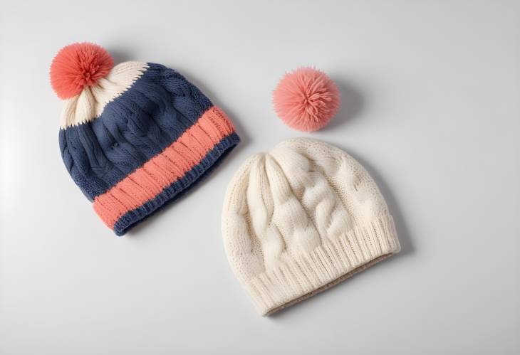 Cozy Pom Pom Cable Knit Beanie and Colorblock Hat with Folded Design on White Background