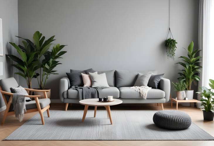 Cozy Scandinavian Interior Grey Sofa, Armchair, Plants, Coffee Table, and Carpet in Modern Living 