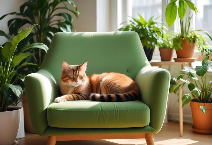 Cozy Scandinavian Interior with Multicolor Cat on Retro Armchair Surrounded by House Plants