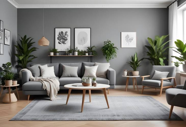 Cozy Scandinavian Living Room Grey Sofa, Armchair, Plants, Coffee Table, Carpet, and Accessories