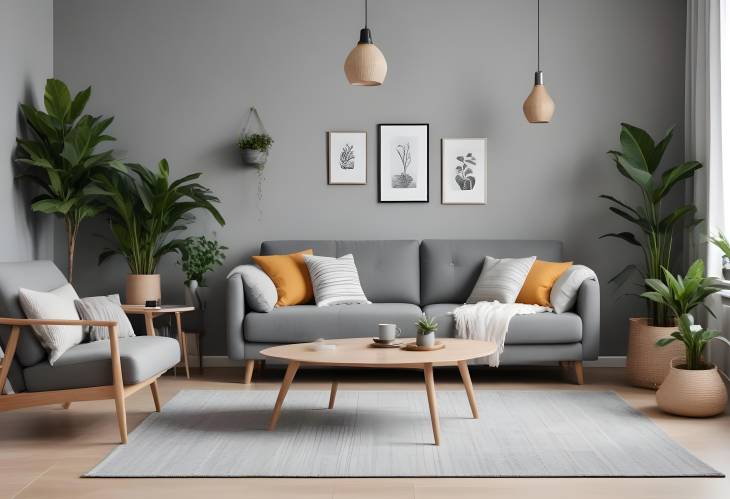 Cozy Scandinavian Living Room with Grey Sofa, Armchair, Houseplants, Coffee Table, and Soft Carpet