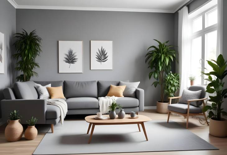 Cozy Scandinavian Living Room with Grey Sofa, Armchair, Plants, Coffee Table, Carpet, and Elegant