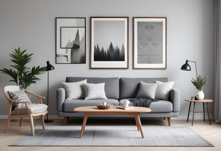 Cozy Scandinavian Living Room with Grey Sofa, Retro Table, and Elegant Decor