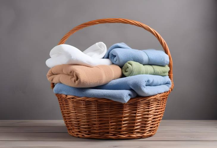 Cozy Soft Terry Towels in a Woven Basket on Wooden Panel