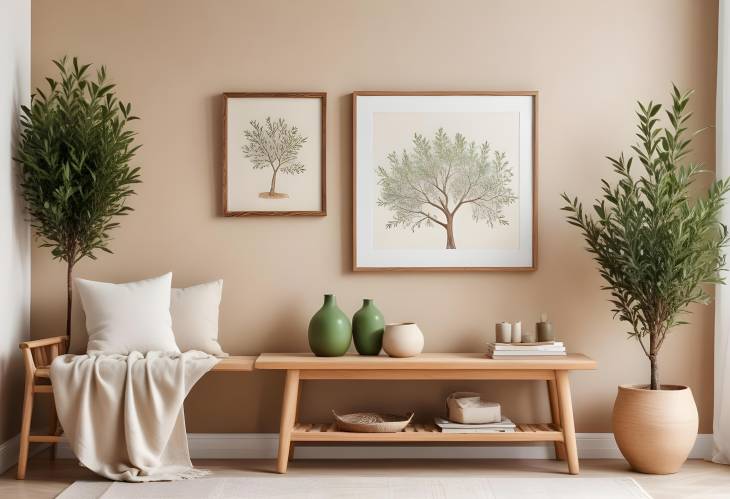 Cozy Spring Living Room with Wooden Bench, Olive Tree, Green Stands, and Stylish Lamp  MockUp Poster