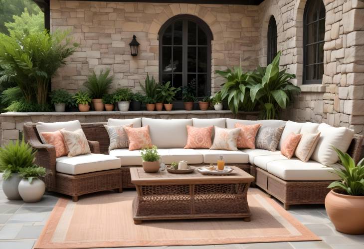 Cozy Spring Patio Rattan Sectional Sofa, Wicker Chairs, Botanical Rug, Stone Wall for Stylish Out