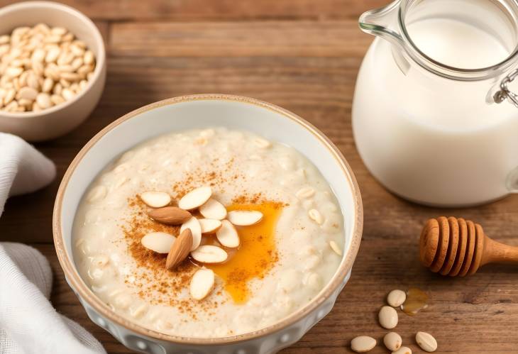 Cozy Traditional Oatmeal Porridge Topped with Sliced Almonds, Cinnamon, and Honey