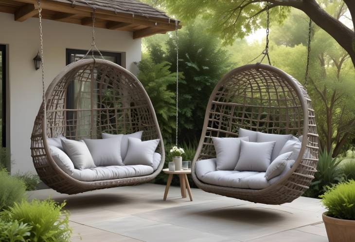 Cozy Wicker Garden Furniture with Grey Cushions  Perfect for a Stylish and Inviting Outdoor Retreat