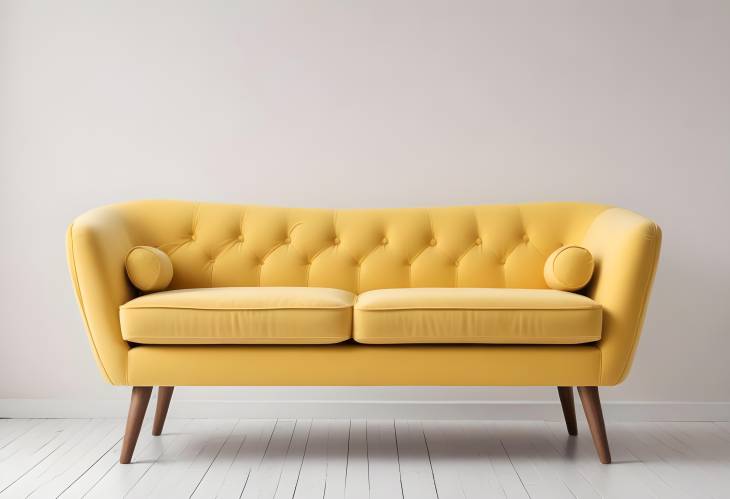 Cozy Yellow Retro Inspired Sofa with Wooden Legs, Isolated on White Background