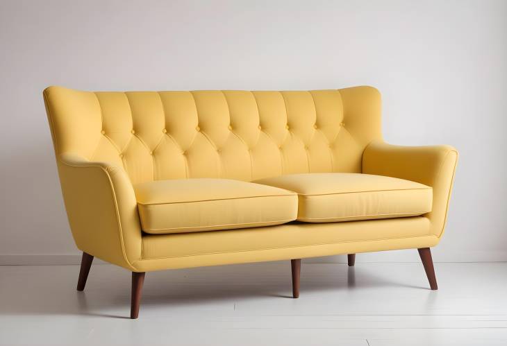 Cozy Yellow Retro Sofa with Wooden Legs, Isolated on White Background