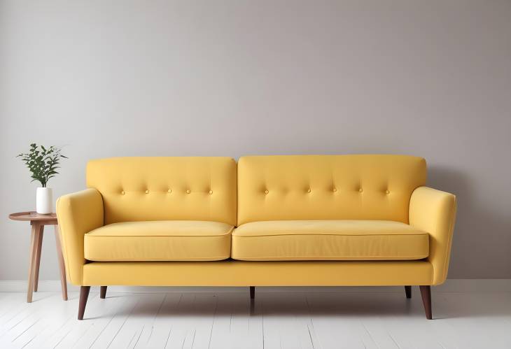 Cozy Yellow Sofa with Wooden Legs, Retro Style, Isolated on White Background