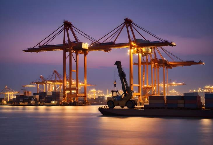 Cranes and Forklifts at Dusk Night Shift at the Container Terminal