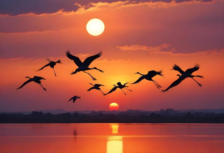 Cranes Flying Against a Breathtaking Sunset Silhouettes Captured in the Evening Glow